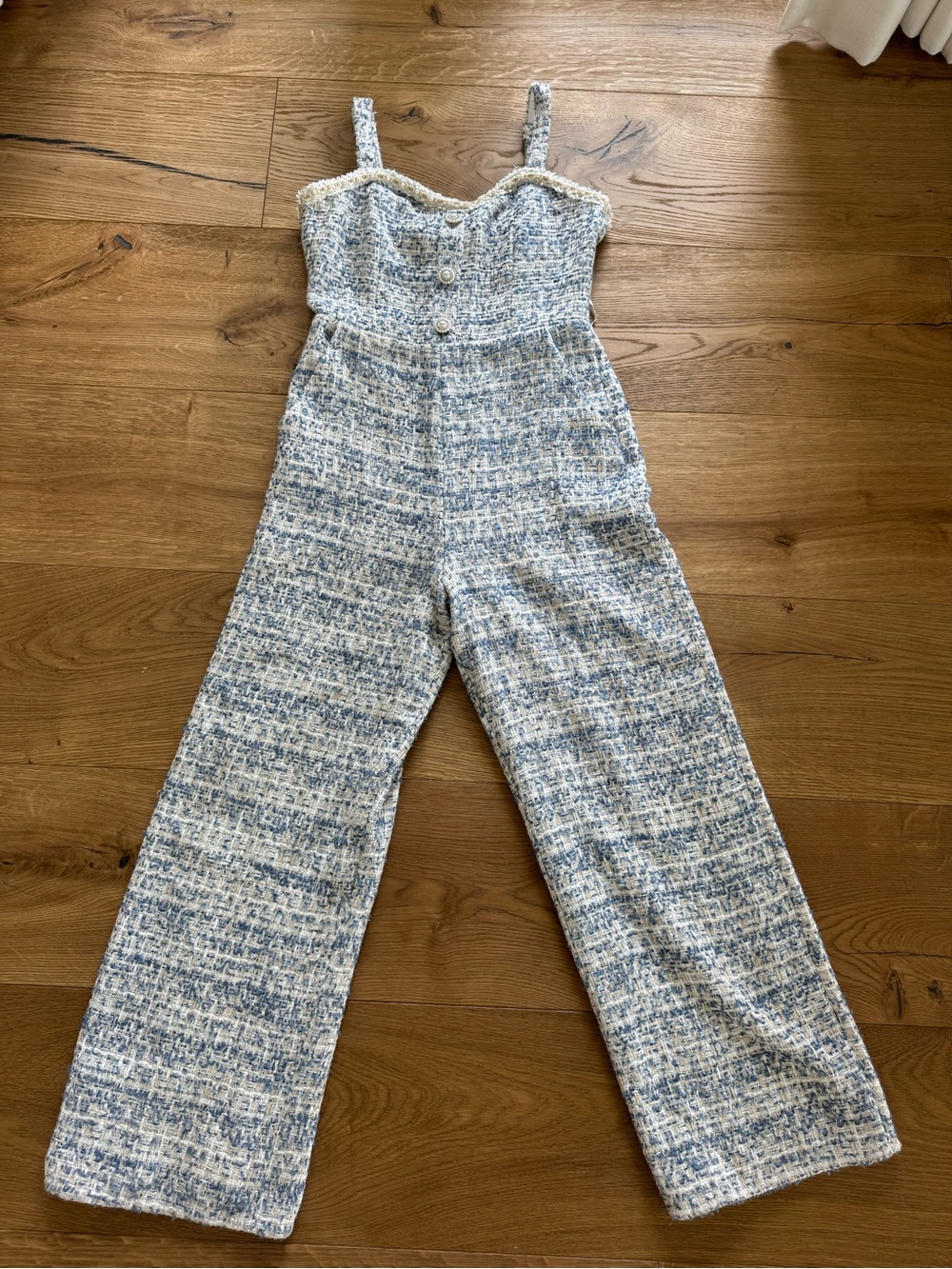 NWT Lulu's Blue & White Tweed Jumpsuit with Beaded details Size M - Picture 6 of 9